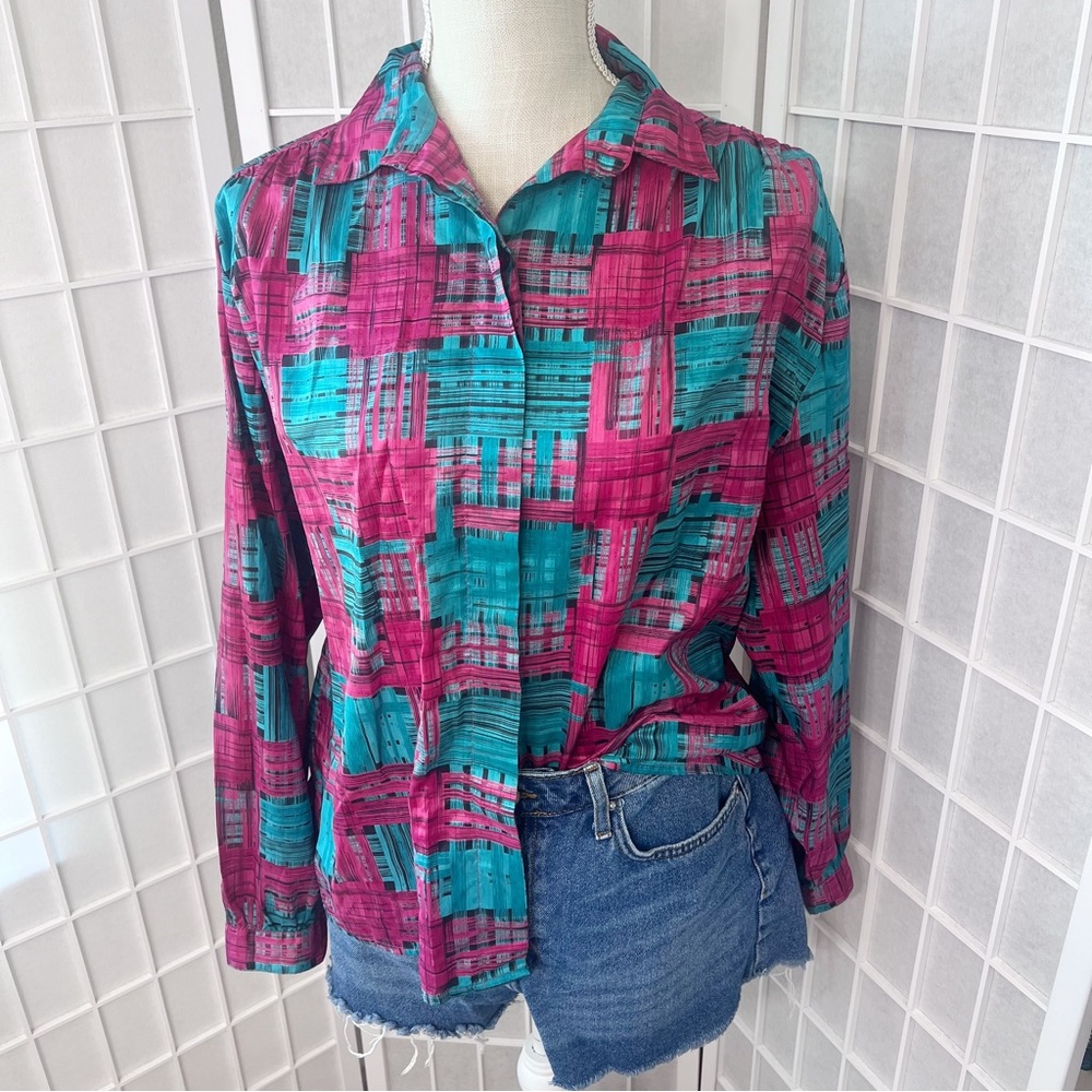 Vintage Parkettes Magenta Turquoise Aqua Block Print Button Down Shirt Blouse